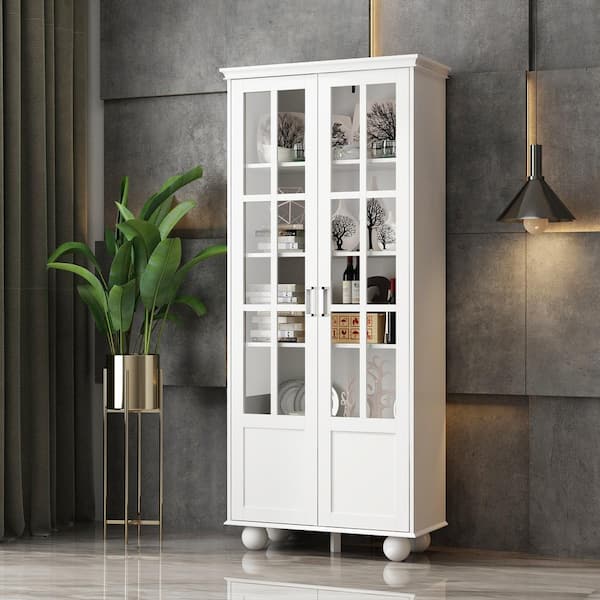 FUFU&GAGA 72.3 in. White Wood 5-Shelf Standard Bookcase with Ball-Shape Legs and Adjustable Shelves