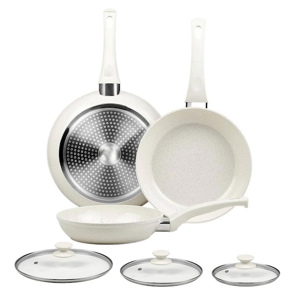 11 in Aluminum Nonstick Frying Pan Set White with Lids Induction Skillets Healthy PFOA PFAS Free Cookware 3-Pack