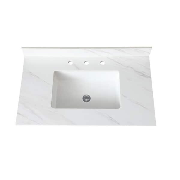 37.01 in. W x 22.01 in. D Sintered Stone White Rectangular Single Sink Bathroom Vanity Top in White