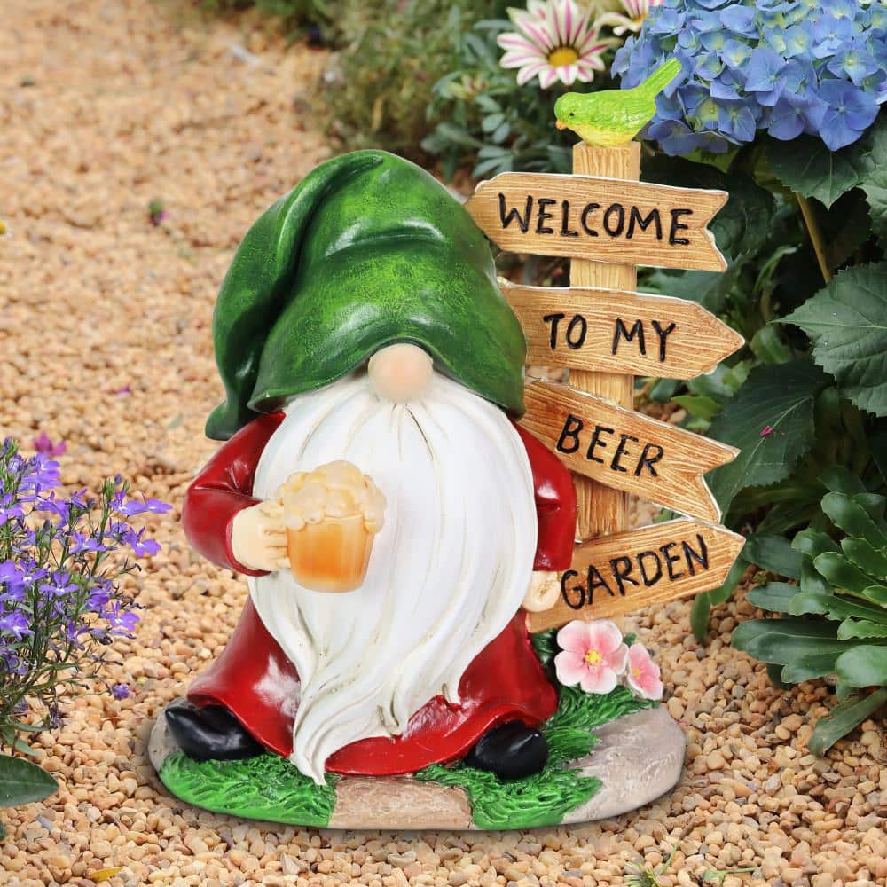 Solar Gnome with Welcome to My Beer Garden Sign