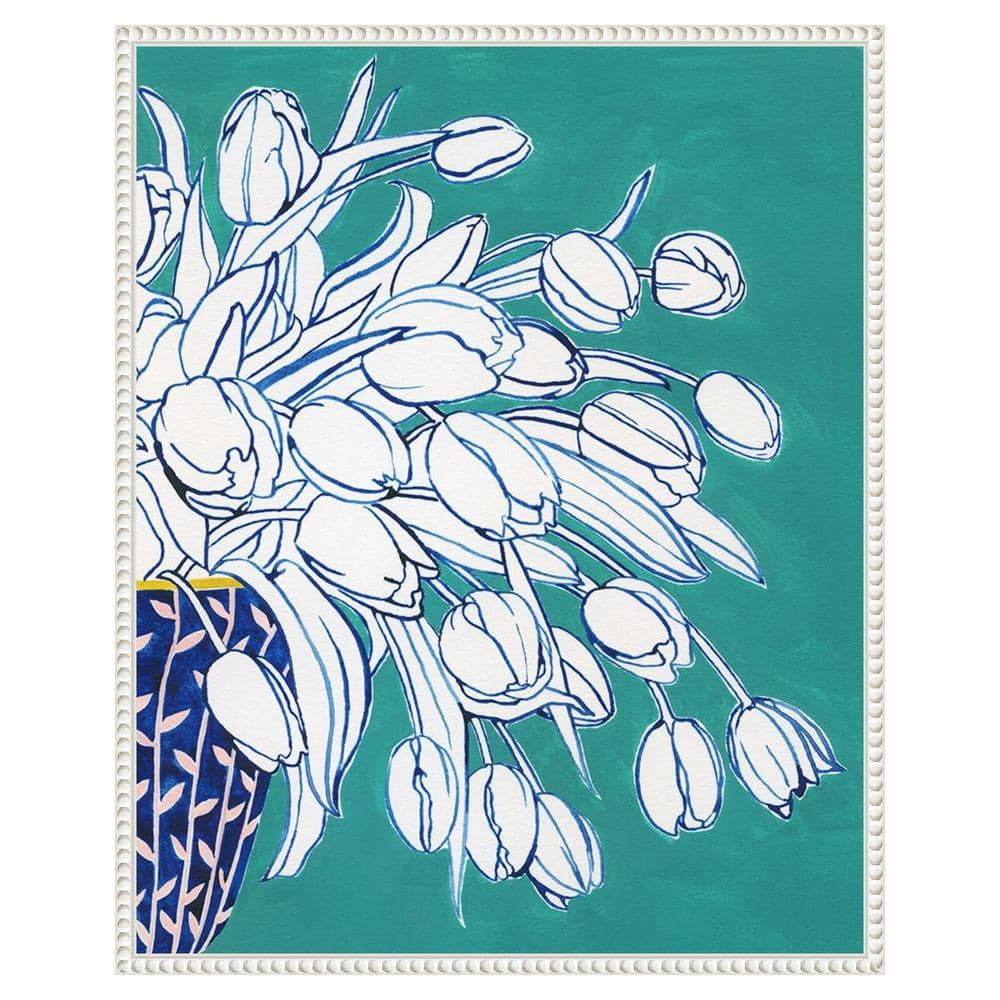 Turquoise Tulip Bouquet II White Framed Canvas Wall Art