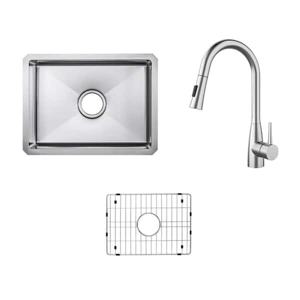 20 in. Handmade Tiny Radius Undermount Single Bowl 16 Gauge Stainless Steel Kitchen/Bar Sink with Pullout Kitchen Faucet