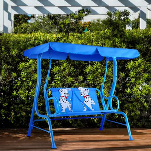 Kids Patio Porch Bench Swing with Safety Belt Canopy Outdoor Furniture Blue