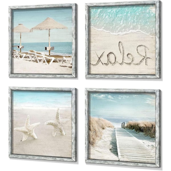 Unbranded 4 Piece Wood Framed Seascape Artwork Print Wall Decor 12 in. x 12 in.
