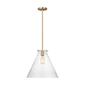 Kate 1-Light Satin Brass Cone Hanging Pendant with Clear Glass Shade