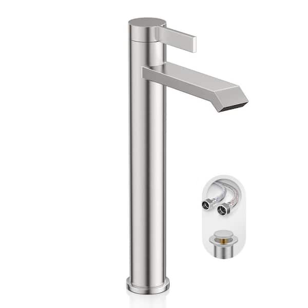Brushed Nickle Single Hole High Bathroom Bowl Faucet, Single Handle Tall Bathroom Vessel Faucet with Waterfall