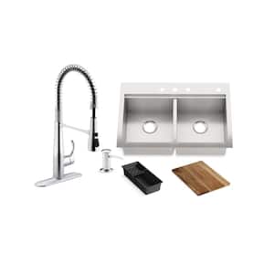 Lyric Workstation 33 in. Dual Mount Stainless Steel Double Bowl Kitchen Sink with Simplice Semi pro Kitchen Faucet
