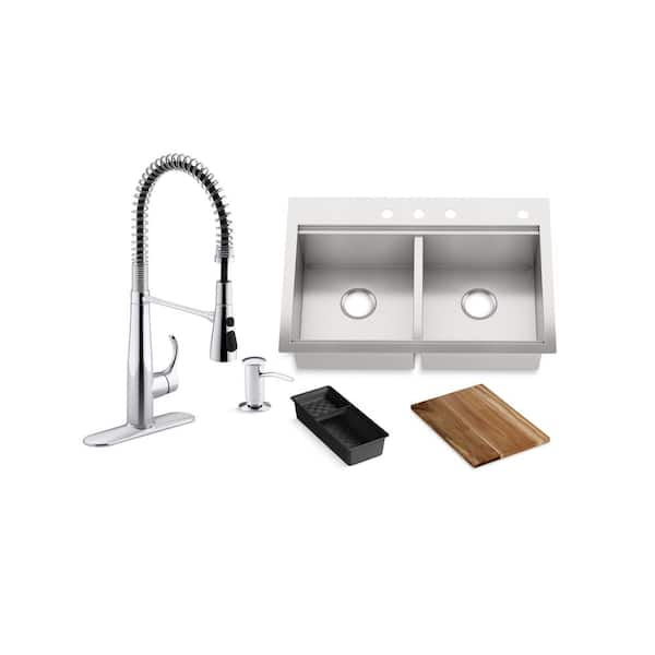 KOHLER Lyric Workstation 33 in. Dual Mount Stainless Steel Double Bowl Kitchen Sink with Simplice Semi pro Kitchen Faucet