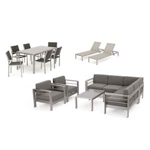15-Piece Metal and Faux Rattan Patio Conversation, Dining and Lounge Set with Khaki Cushions