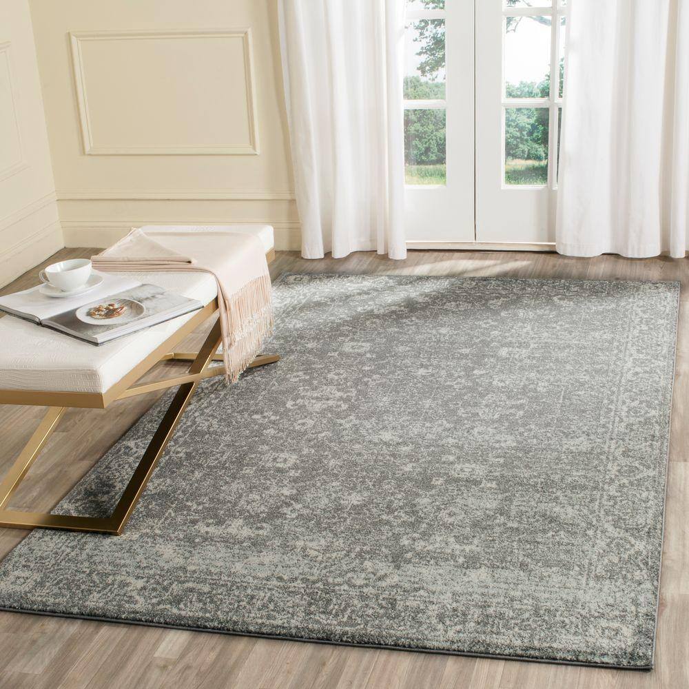 Grey and Ivory High Pile Synthetic Rectangular Rug 4' x 6'