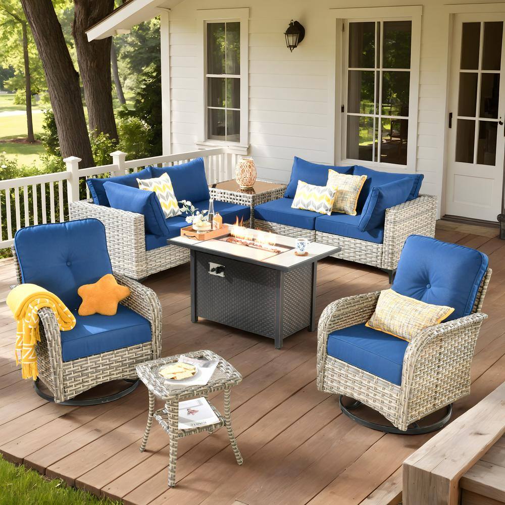 Savona 9-Piece Wicker Outdoor Patio Conversation Sofa Sectional Seating Set with Metal Fire Pit and Navy Blue Cushions price history on PriceWatchPro