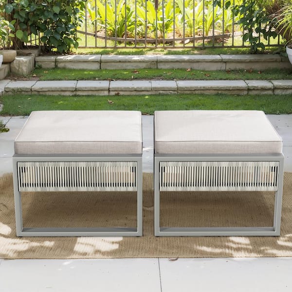 EdgeLine Light Beige Wicker Outdoor Ottoman with Olefin Light Gray Cushions (2-Pack)