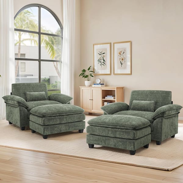4-Piece Modern Large Gray Green Chenille Fabric Upholstery Accent Chair Tall Backrest Armchair with Ottoman