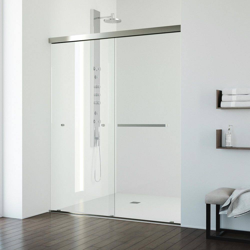 Satro E-Class 52 to 60 in. W x 74 in. H Semi-Frameless Double-Sliding Shower Door in brushed nickel and Clear Glass price history on PriceWatchPro