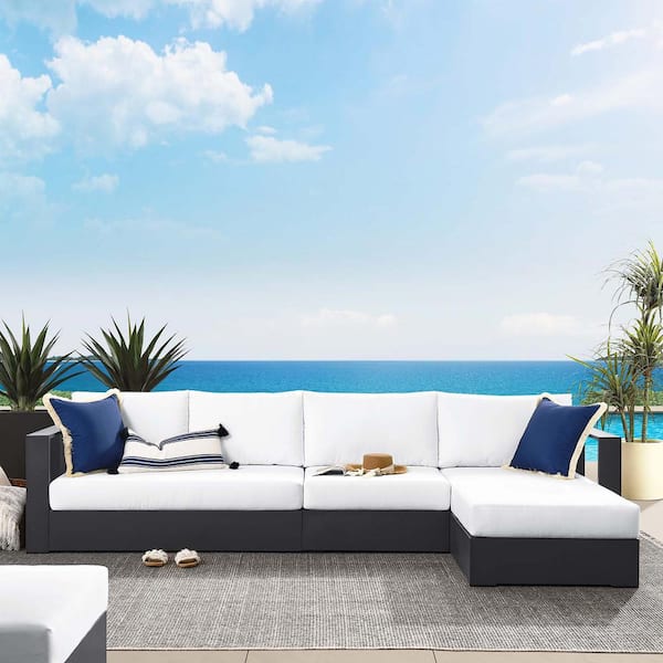Tahoe Outdoor Patio Powder-Coated Aluminum 3-Piece Right-Facing Chaise Sectional Sofa Set in Gray White
