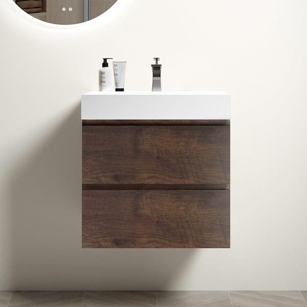 NOBLE 24 in. W x 18 in. D x 25 in. H Single Sink Floating Bath Vanity in Wood with White Solid Surface Integral Top