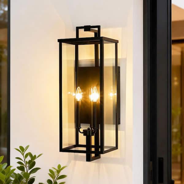 27 in. 3-Light Matte Black Hardwired Large Outdoor Wall Light Lantern Porch Sconce with Clear Glass, No Bulbs Included