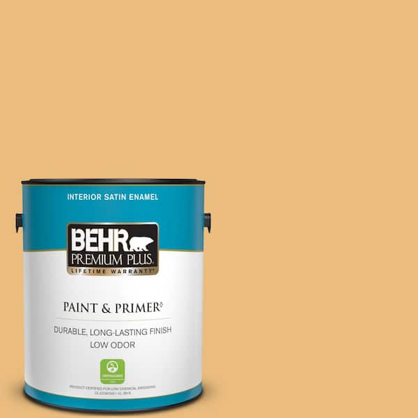BEHR PREMIUM PLUS 1 gal. #310D-4 Gold Buff Satin Enamel Low Odor Interior Paint & Primer