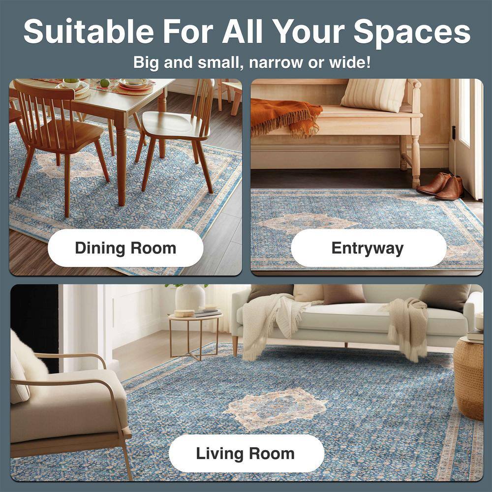 Blue Chenille Oriental Washable Reversible 5' x 7' Rug