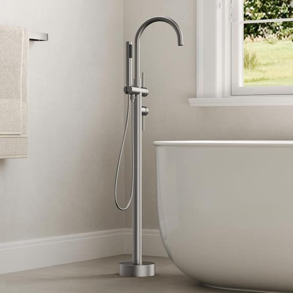 Single-Handle Freestanding Tub Faucet Floor Mounted with Handheld Hand Shower in Brushed Nickel