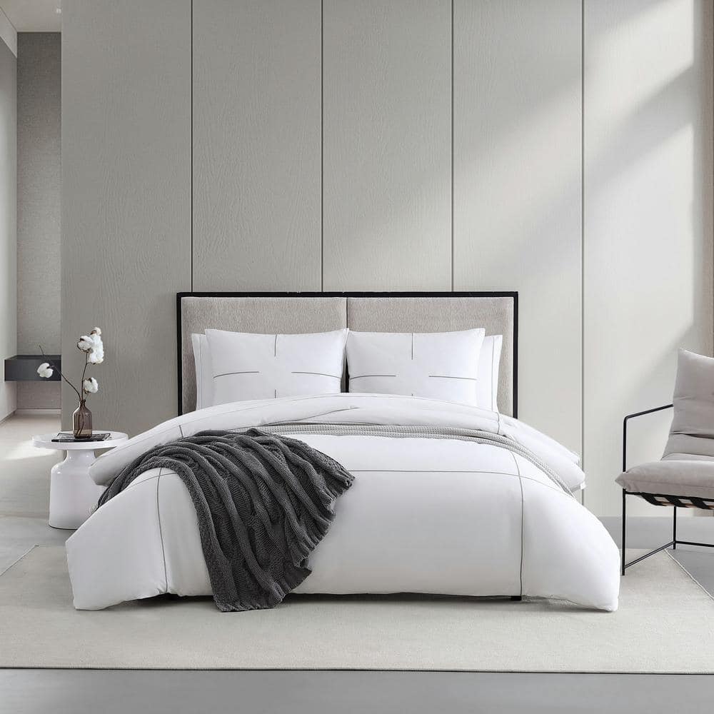VERA WANG Zig Zag 3Piece White and Gray Cotton King Duvet Cover Set