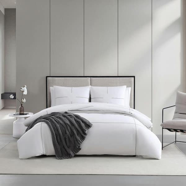 VERA WANG Zig Zag 3-Piece White and Gray Cotton King Duvet Cover