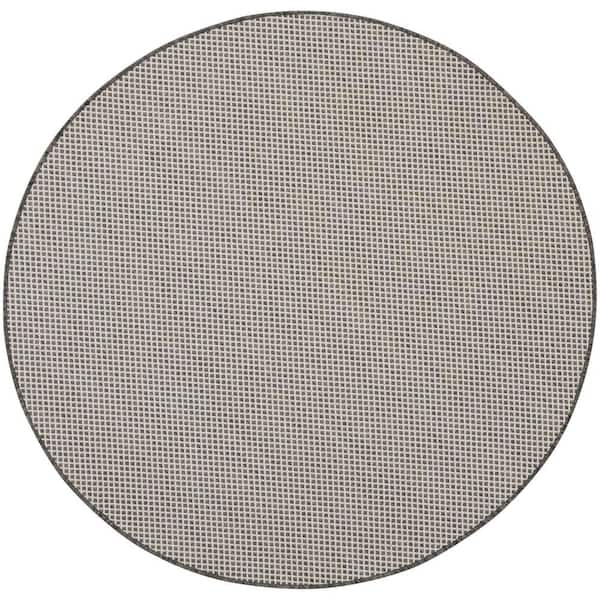 Nourison Courtyard Ivory/Charcoal 5 ft. x 5 ft. Round Solid Geometric Contemporary Indoor/Outdoor Area Rug
