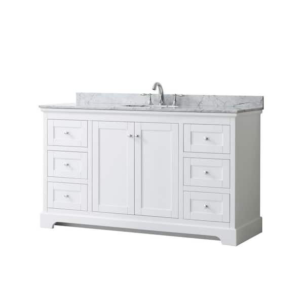 Wyndham Collection Avery 60 in. W x 22 in. D Bathroom Vanity in White with Marble Vanity Top in White Carrara with White Basin