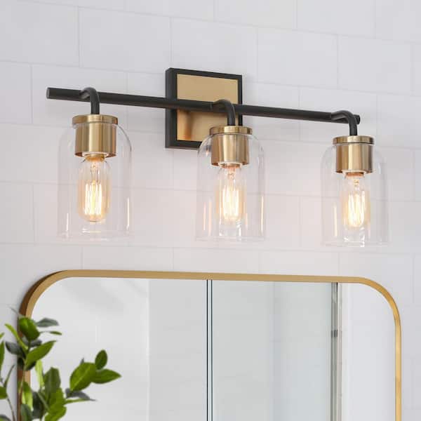 19.5 in. 3-Light Brass Gold Bathroom Vanity Light, Black Wall Sconce for Mirrors, Modern Bath Lighting with Clear Glass
