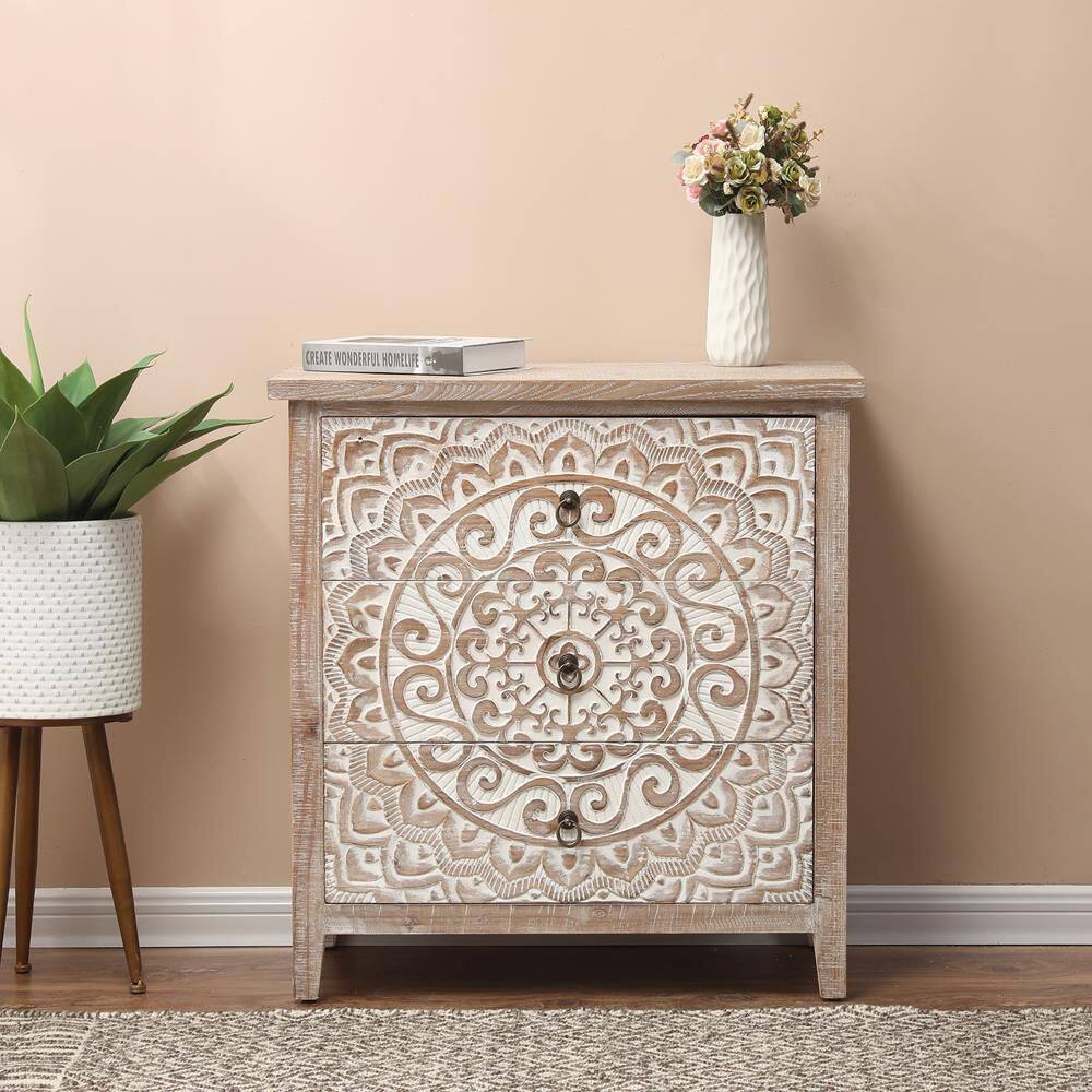 Rustic Whitewashed Fir Wood Floral Three-Drawer Chest