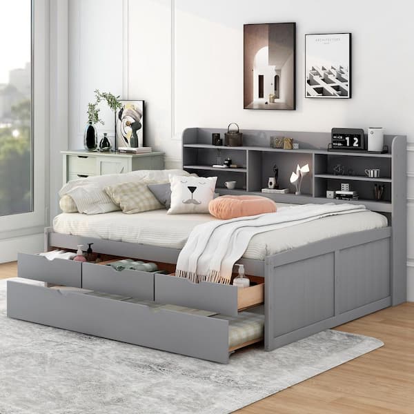 Light Gray Full Daybed with Built-in Bookshelves, 3 Storage Drawers and Trundle