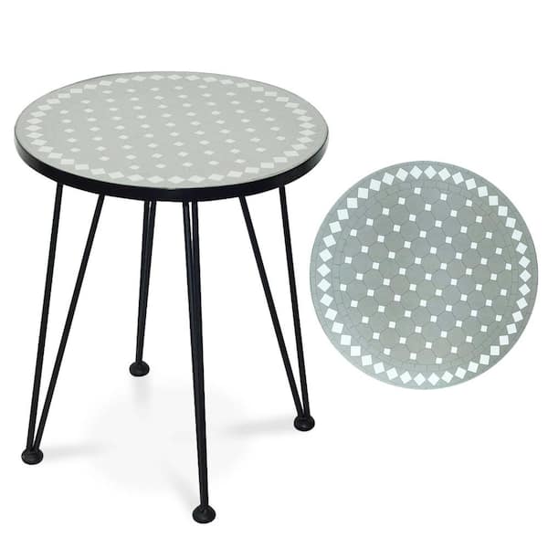 Zeus & Ruta 19.6 in.Gray Round Outdoor Coffee Table with 4 Metal Legs for Bistro Balcony Porch
