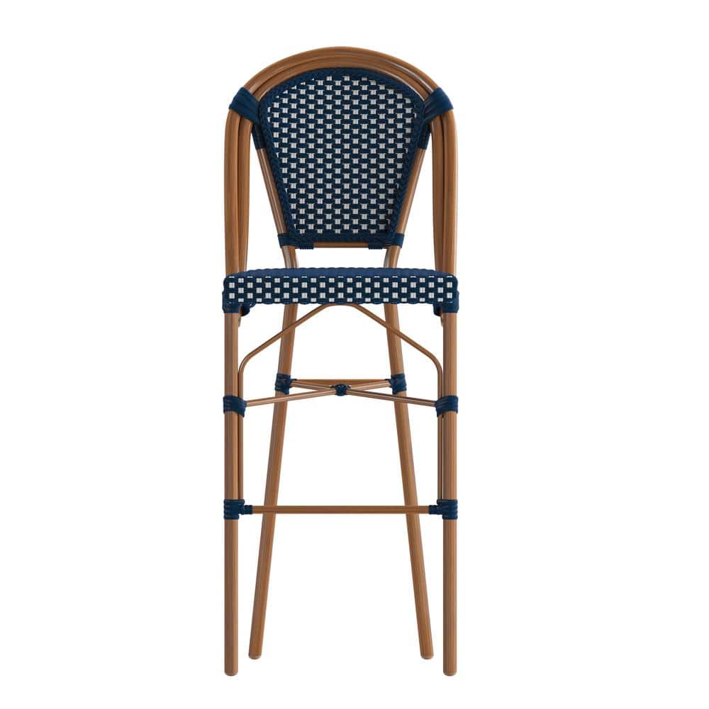 Navy and White Woven Metal Frame Bar Stools, Set of 2