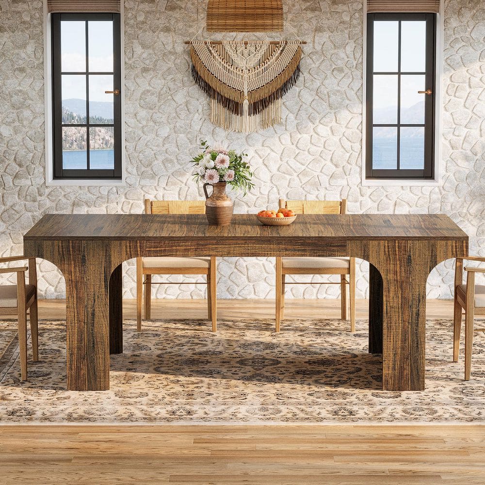 Roesler Rustic Brown Wood 71 in. Double Pedestal Dining Table, Rectangle Kitchen Table with Arc Design, Seat-6