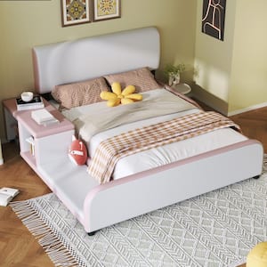 Pink and White Wood Frame Full PU Leather Upholstered Platform Bed with Lounge, Nightstand, Guardrail