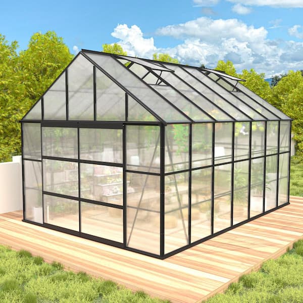10 ft. x 14 ft. Outdoor Polycarbonate Walk-In Greenhouse 135 sq. Area with Black Aluminum Frame