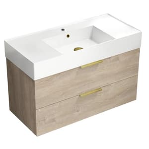 Derin 39.53 in. W x 18.11 in. D x 25.2 H Single Sink Wall Mounted Bathroom Vanity in Brown oak with White Ceramic Top