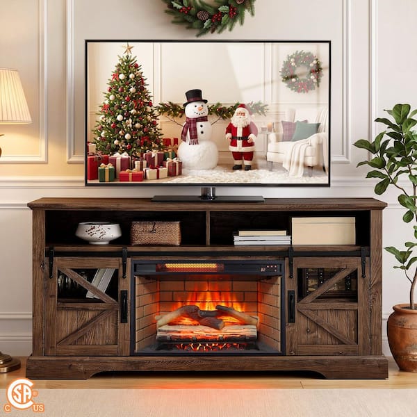ToolCat 60 in. Freestanding Electric Fireplace TV Stand in Brown