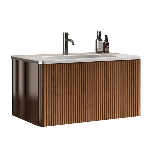 30 in. W x 18 in. D x 15.6 in. H Single Sink Floating Bath Vanity in Walnut with White Ceramic Top, U-Shape Wall Fitting