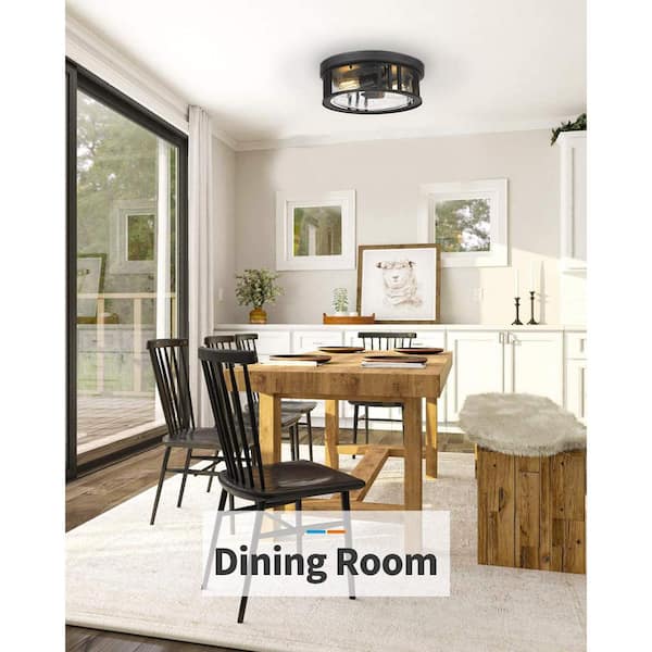 JAZAVA 13 in. 2-Light Black Finish with Seeded Glass Flush Mount