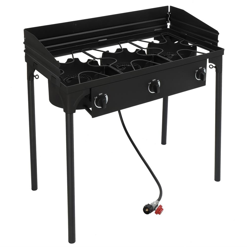 Portable Black 3-Burner Propane Gas Grill with Folding Shelves
