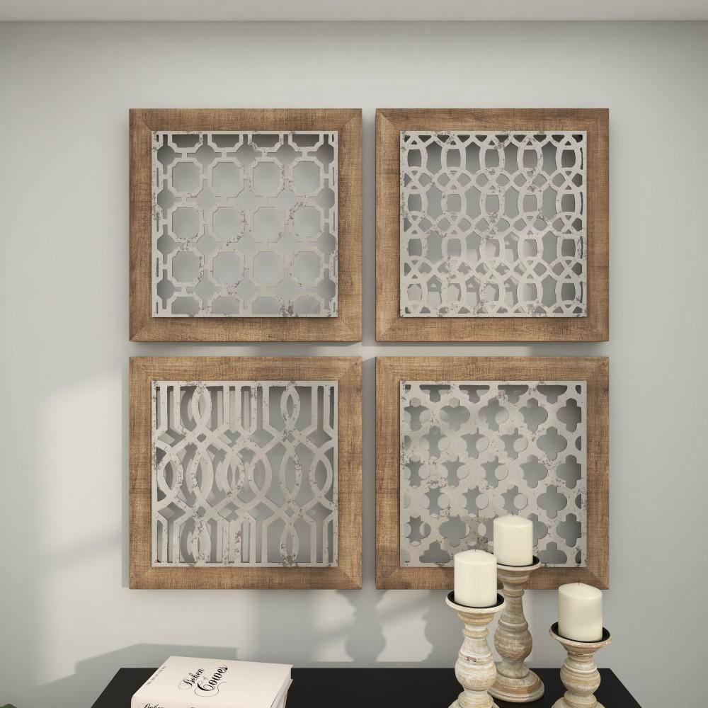 Rustic Farmhouse Iron & Wood Geometric Wall Decor Set, 19" Square