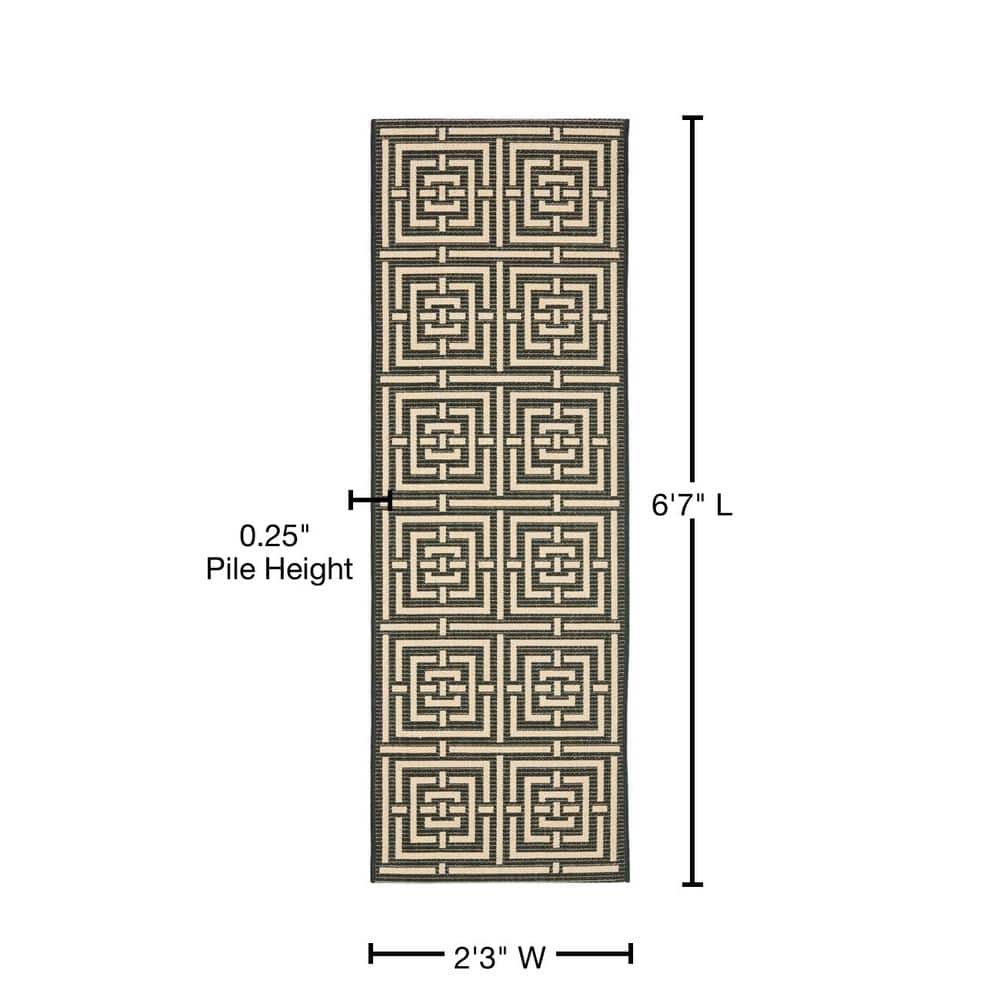 Black and Bone Geometric Synthetic Outdoor Runner Rug