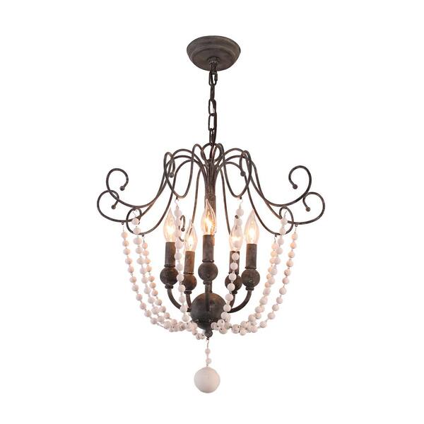 Bella Depot 5-Light Retro Black Finish Farmhouse Wood Bead Chandelier Candle Light Fixture
