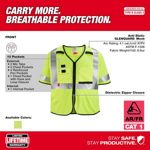 Arc-Rated/Flame-Resistant Large/X-Large Yellow Mesh Class 3 Breakaway High Vis Safety Vest with 10-Pockets and Sleeves