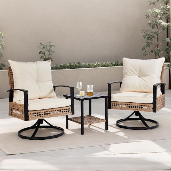 Patio 3-Piece All Weather Wicker Swivel Rocking Patio Conversation Set with Beige Cushions