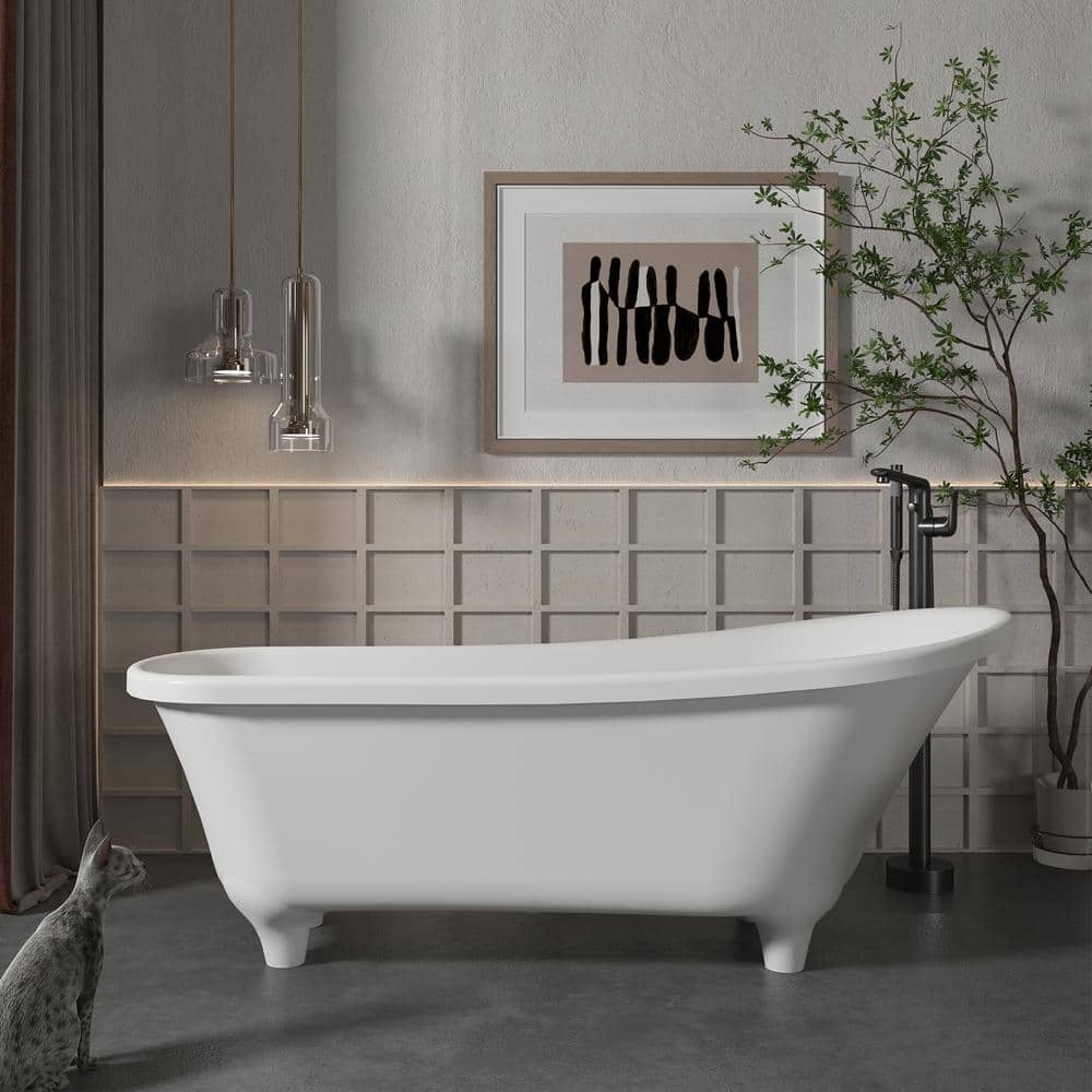 67.72" White Solid Surface Freestanding Soaking Bathtub