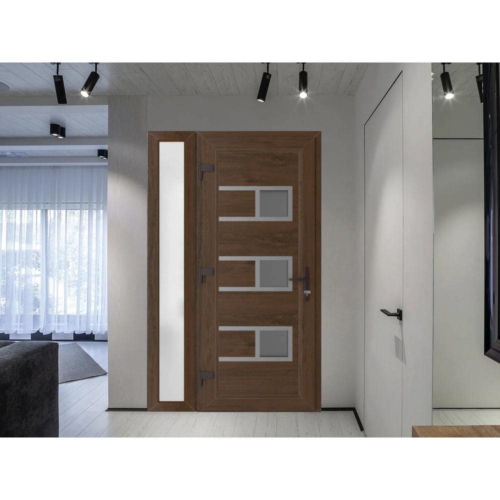 Modern Walnut Metal Exterior Door with Frosted Glass Sidelite