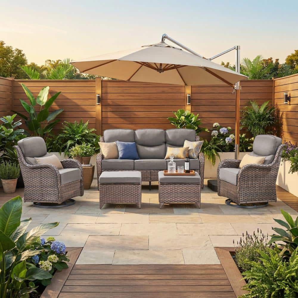 Novaswivel Brown 5-Piece Wicker Patio Conversation Set with 6 in. Olefin Gray Cushions, 2 Swivel Chairs & Ottomans price history on PriceWatchPro