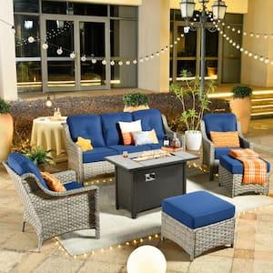 Eureka 6-piece Modern Wicker Outdoor Patio Conversation Sofa Seating Set with Metal Fire Pit and Navy Blue Cushions